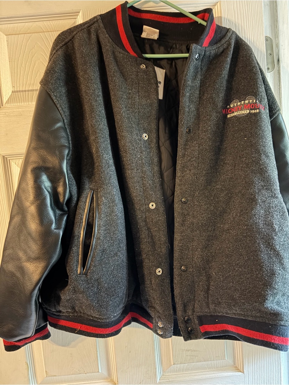 Disney Gray and Black Varsity Bomber Jacket with Red Trim